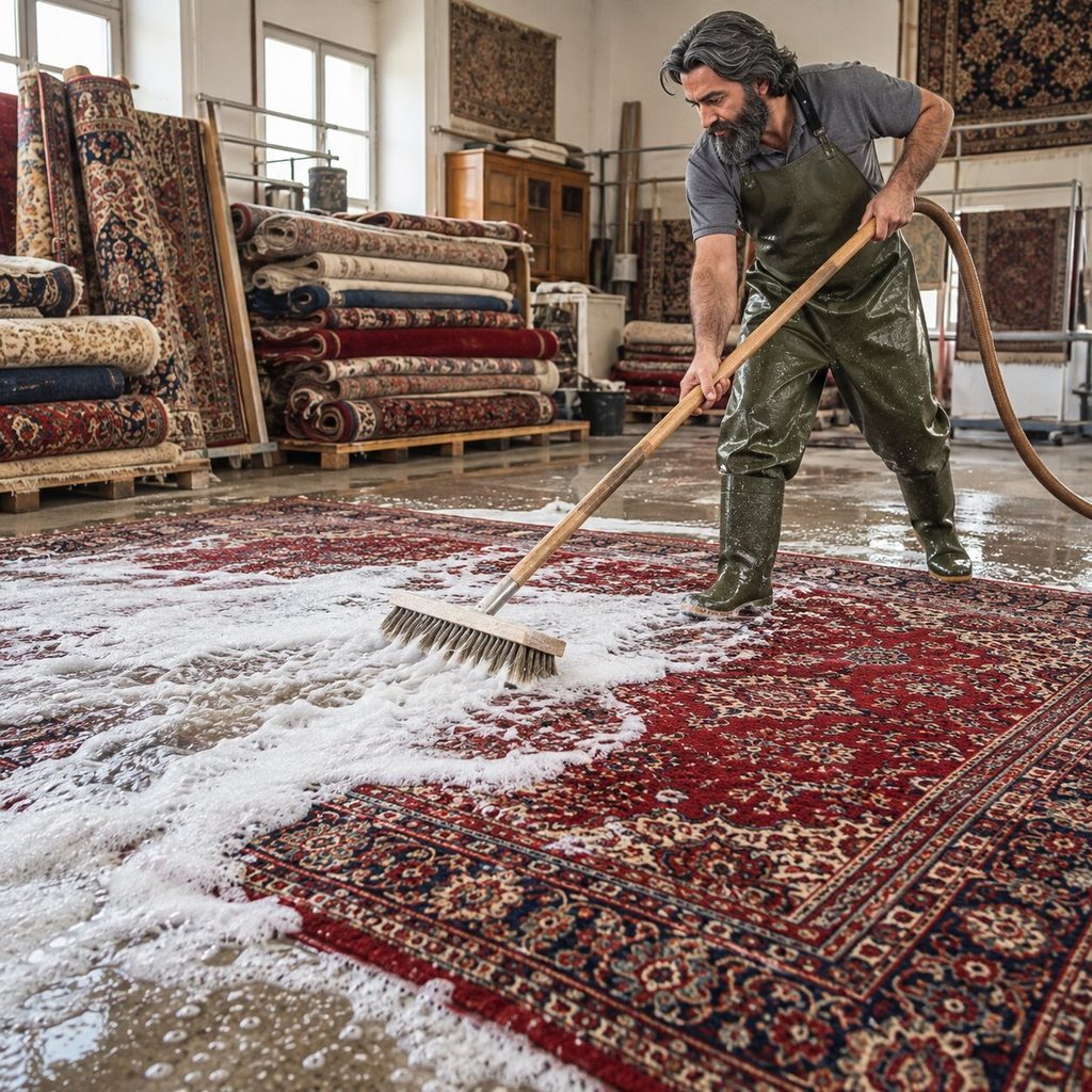 Mann reinigt orientalischen Teppich mit Schrubber und viel Schaum