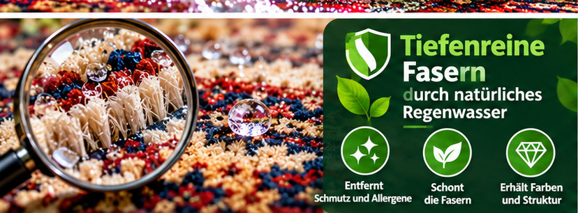 Teppichfasern unter Lupe mit Werbung für Tiefenreinigung