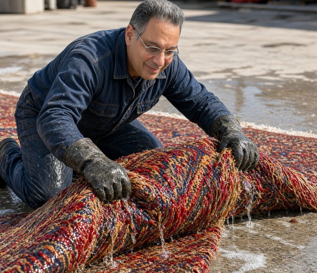 Mann wringt nassen, bunten Teppich im Freien aus