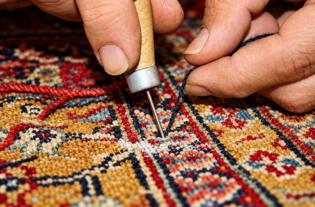 Hand knüpft und repariert traditionellen bunten Orientteppich