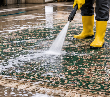 Person reinigt Teppich mit Hochdruckreiniger und Wasser