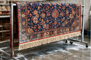Nasser Orientteppich trocknet auf Metallgestell in Werkstatt